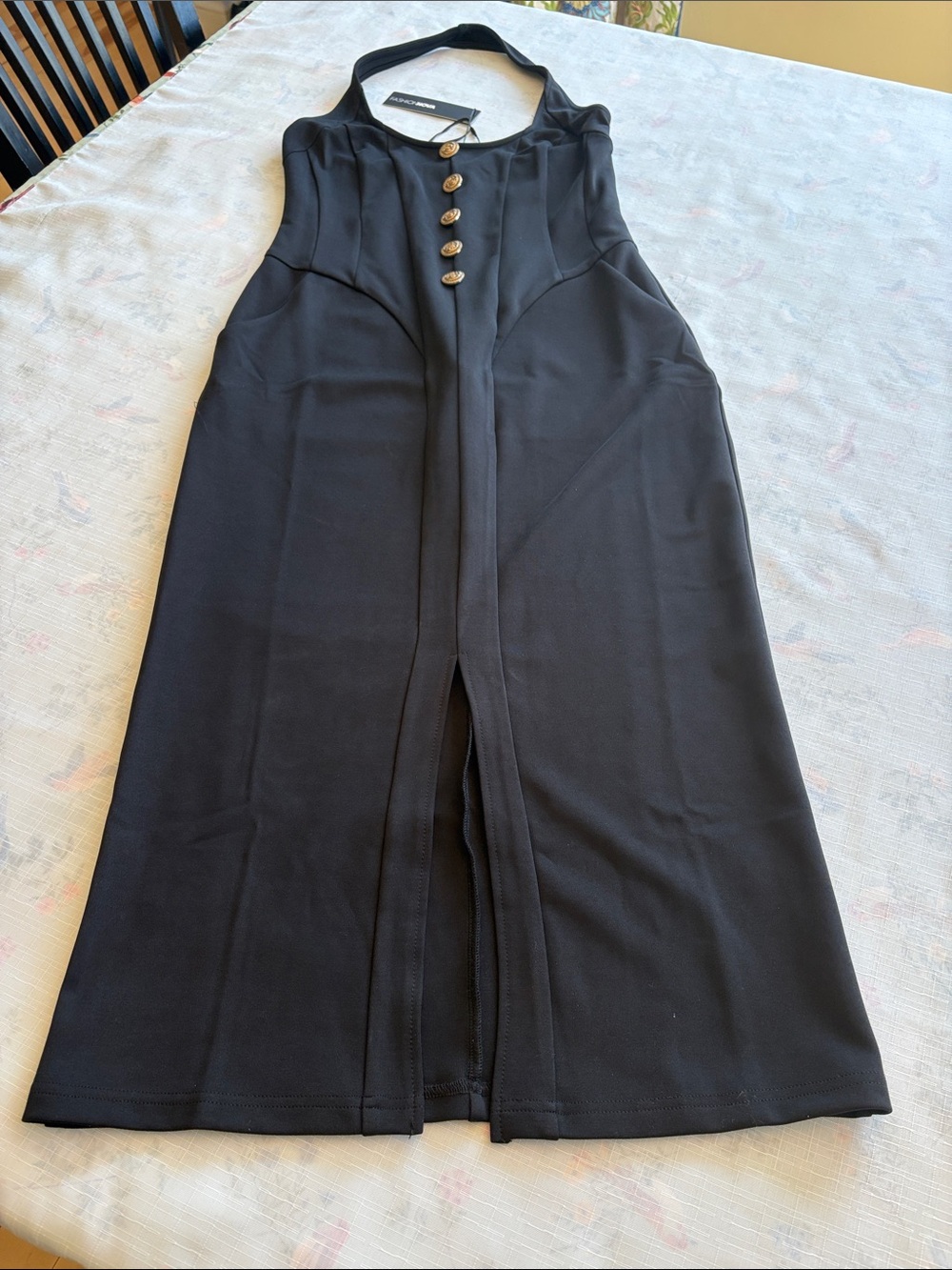 Fashion Nova Black Halter Midi Dress with Gold Buttons